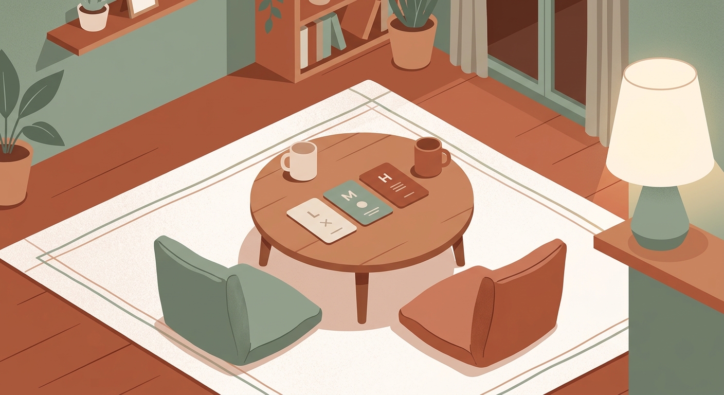 Ilustração minimalista de ambiente aconchegante com cartas de jogo em níveis para casal