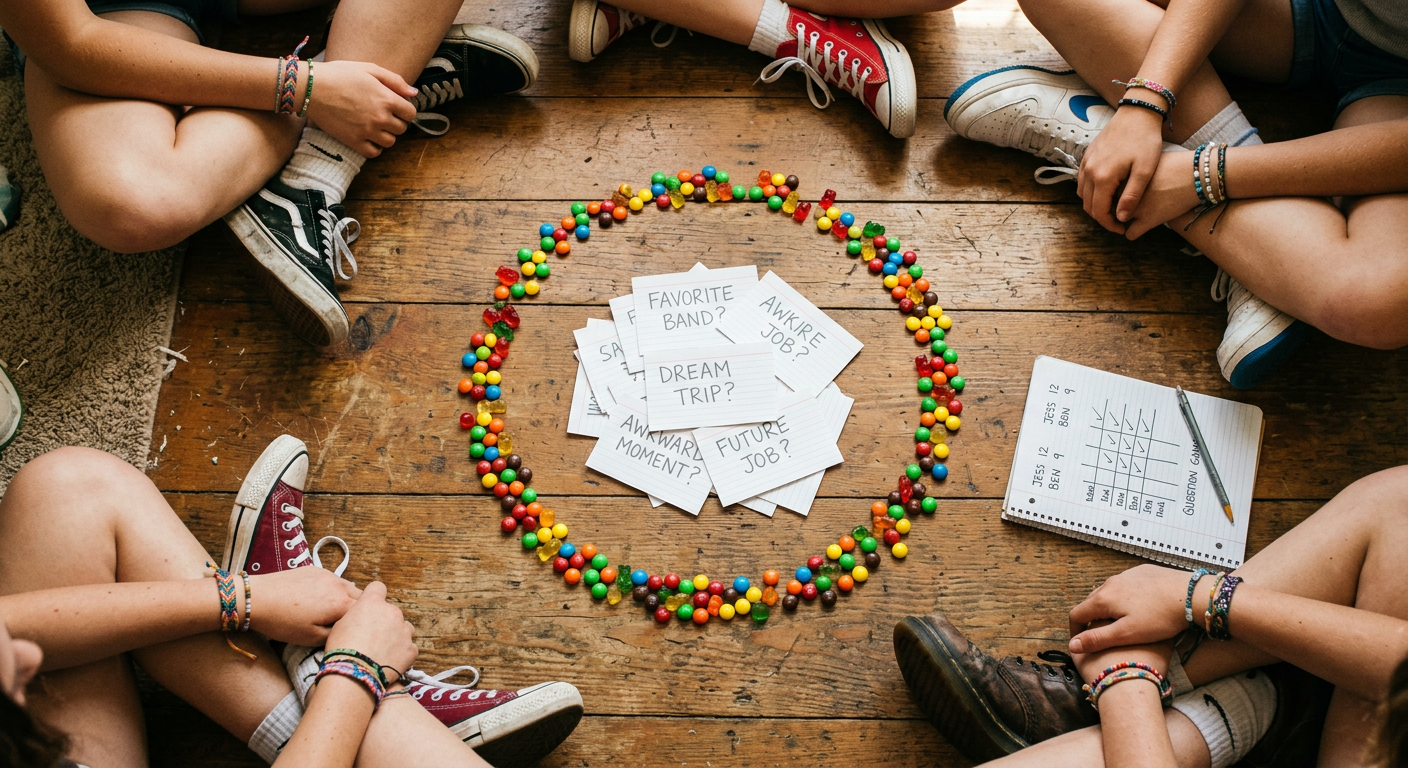 Jogo Eu Nunca para adolescentes com fichas coloridas e perguntas em roda de grupo