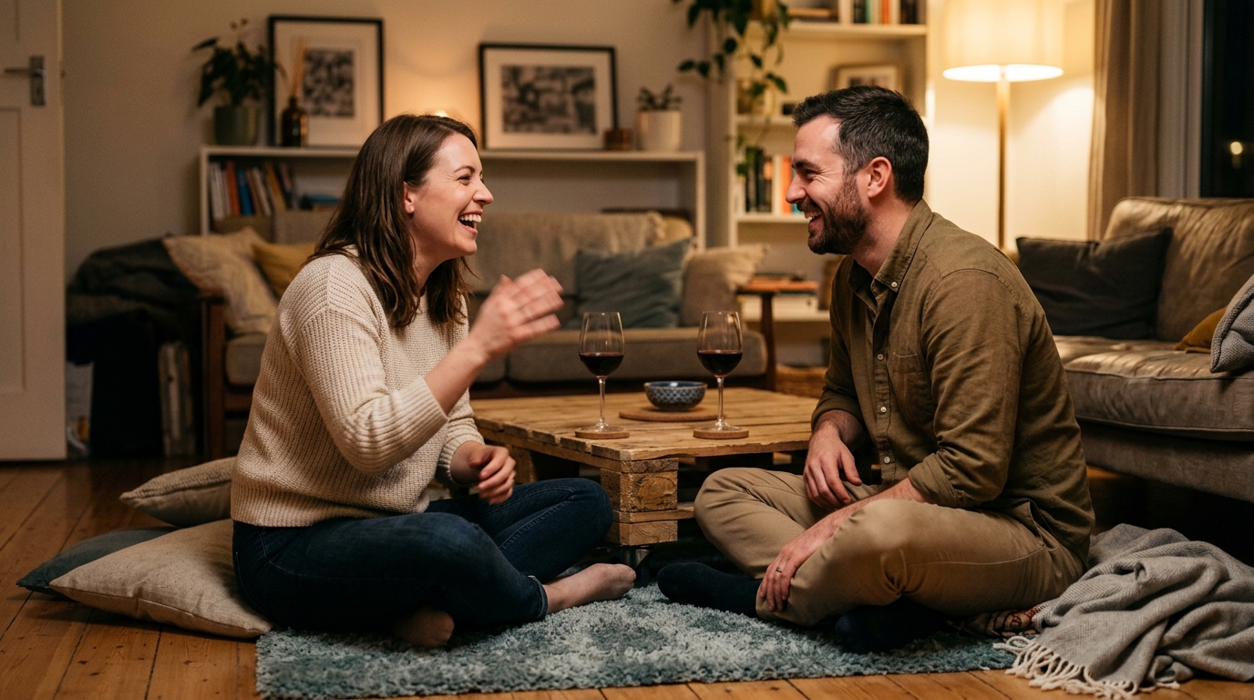 Casal jogando Eu Nunca com perguntas leves em clima descontraído e conexão emocional