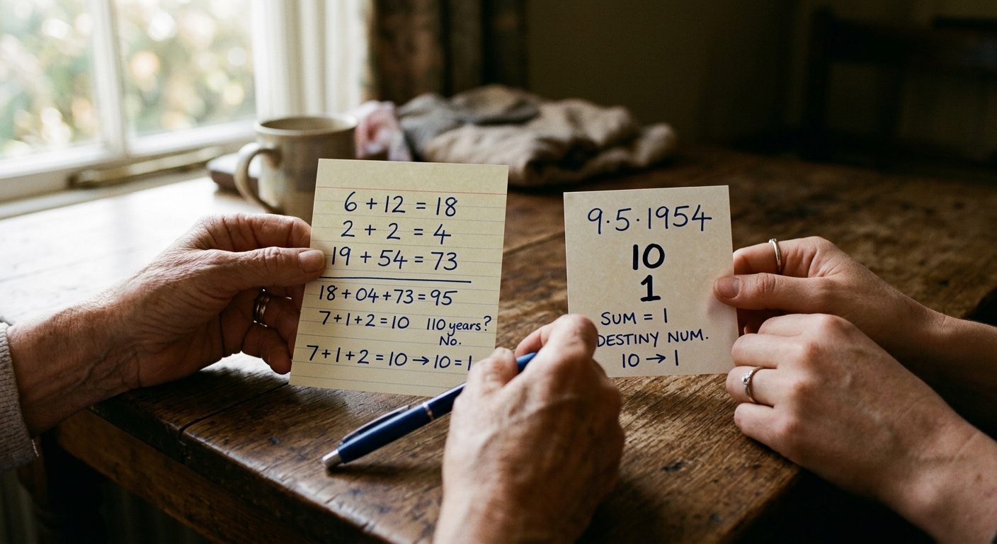 Duas mãos calculando numerologia do casal com datas de nascimento escritas à mão