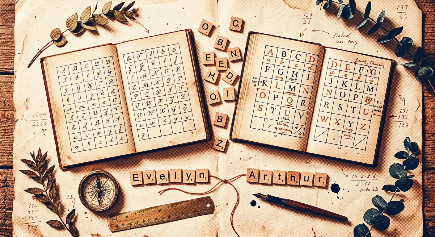 Tabela Pitagórica e letras de nomes dispostas em flat-lay vintage para numerologia de casal
