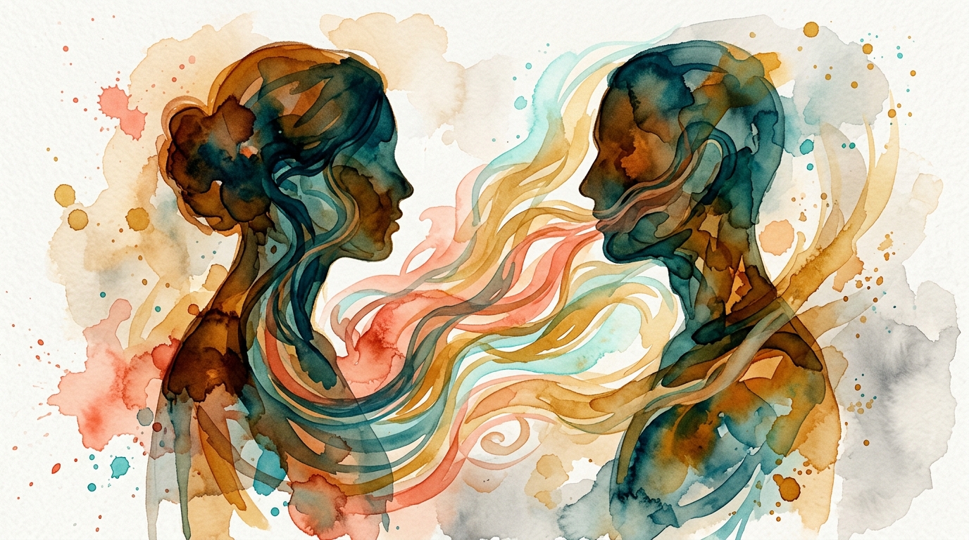 Casal em comunicação de casal com escuta ativa e intimidade emocional em aquarela