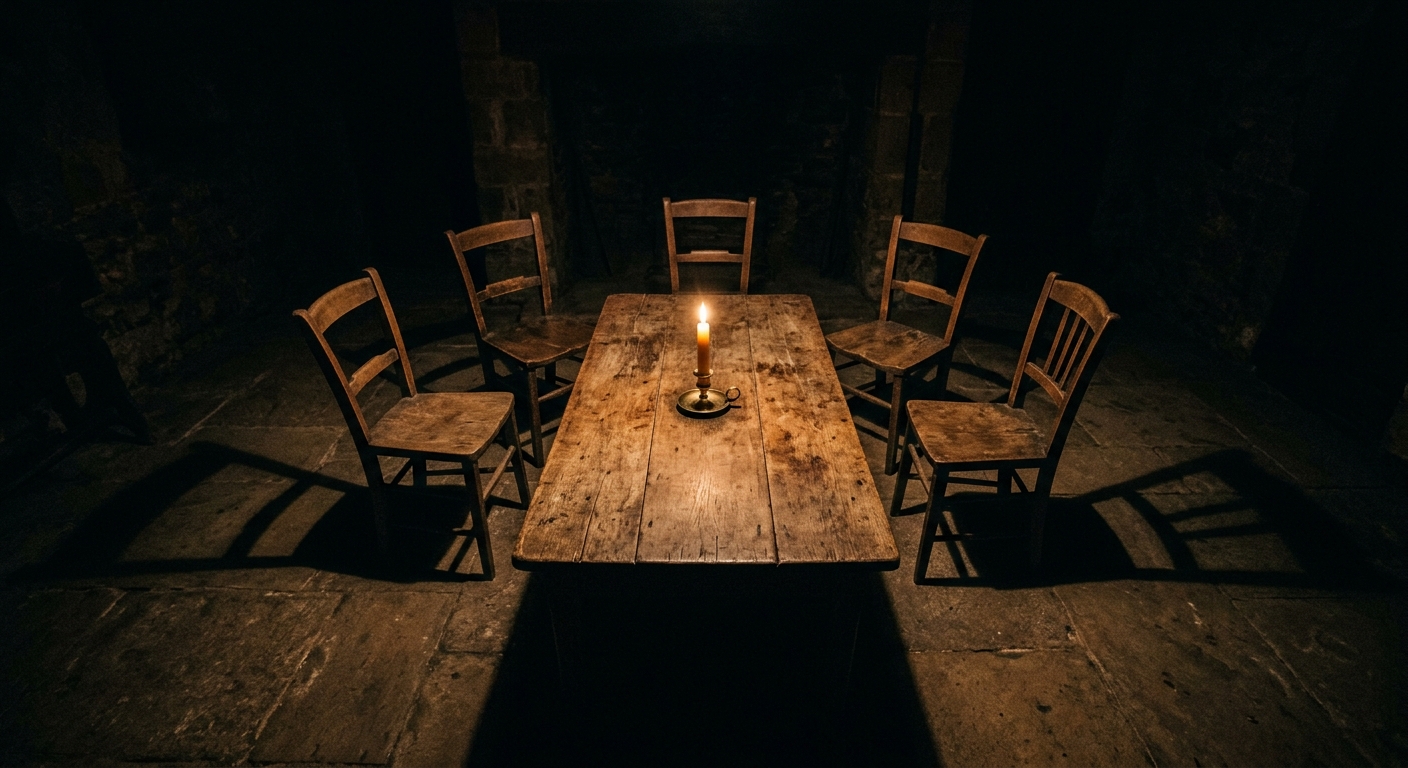 Dinâmica de grupo em torno de uma mesa com velas, vulnerabilidade emocional entre amigos