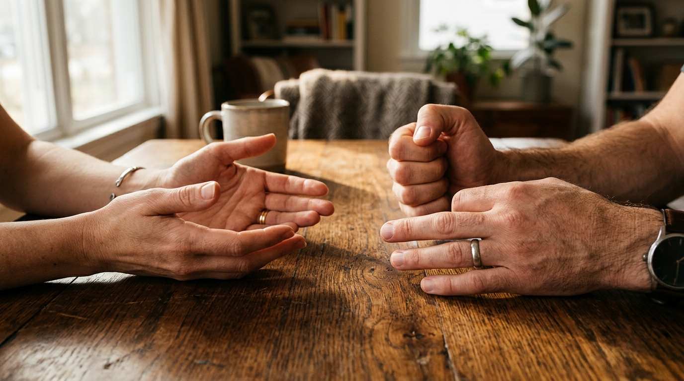 Mãos de casal sobre mesa representando combinados de casal e limites relacionais no namoro