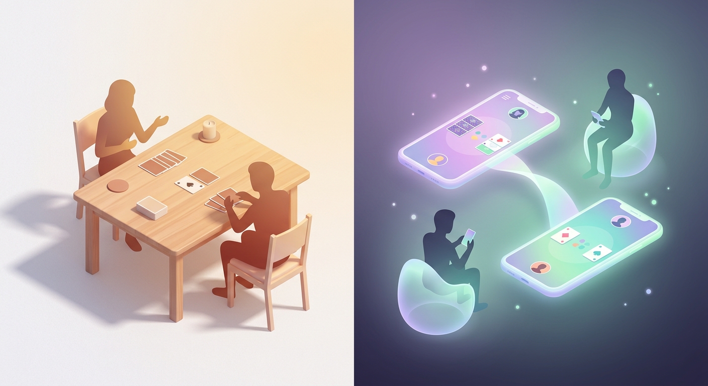 Contraste entre jogo Eu Nunca físico e quiz online digital para casal em tela