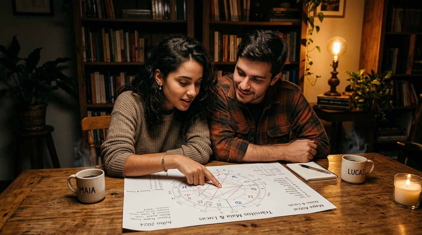Casal analisando juntos um relatório de sinastria e mapa astral à luz de abajur