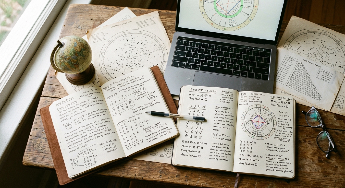 Flat-lay com mapas astrais, sinastria e anotações de aspectos astrológicos sobre mesa