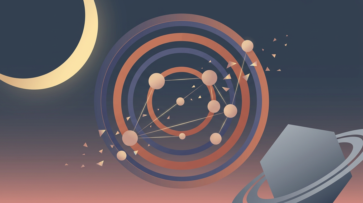 Formas geométricas abstratas representando sinastria familiar e aspectos astrológicos entre Saturno e Lua