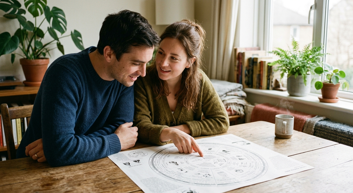 Casal analisando juntos um mapa astral com aspectos de Vênus e Marte na sinastria